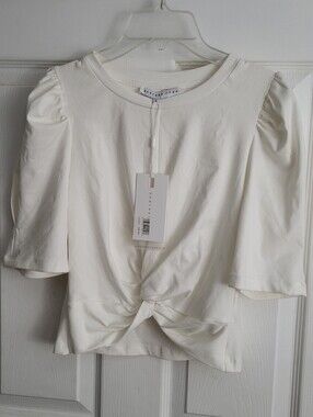 Endless Rose Cream Knot-Front Puff Sleeve Crop Top, Brand NEW